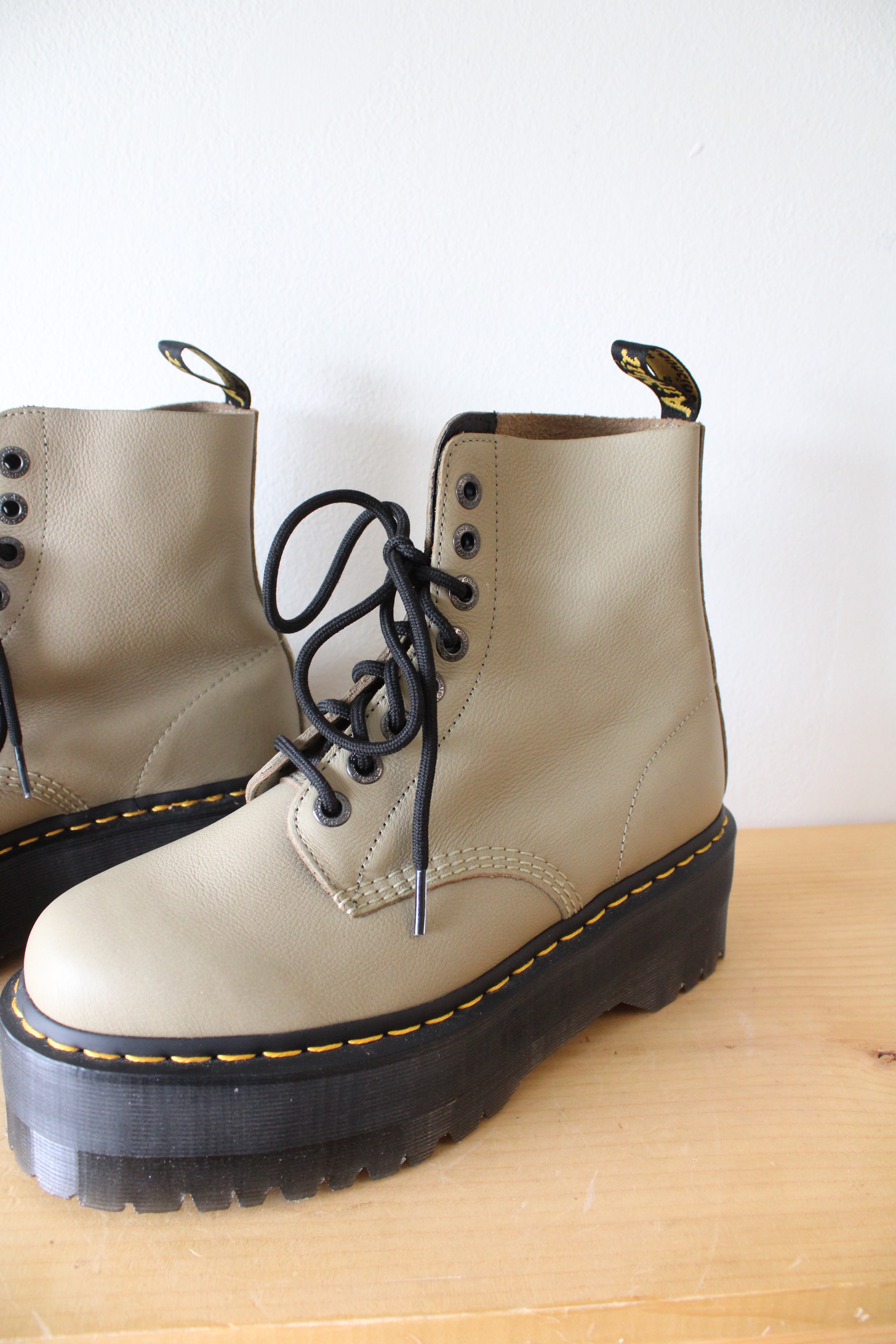 Dr. Martens 1460 Max Pale Olive Leather Platform Boots | Size 10