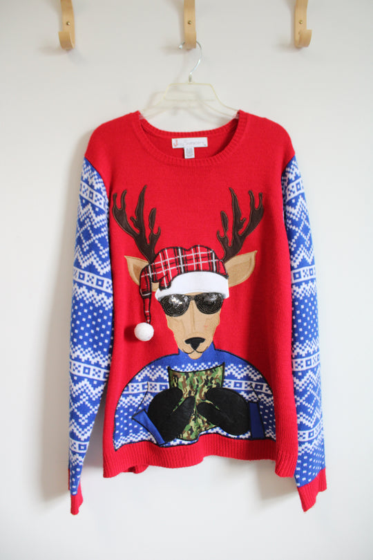 Jolly Sweaters Reindeer With Sunglasses Camo Pocket Christmas Sweater | XL