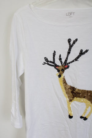 Ann Taylor LOFT White Reindeer Long Sleeved Top | M