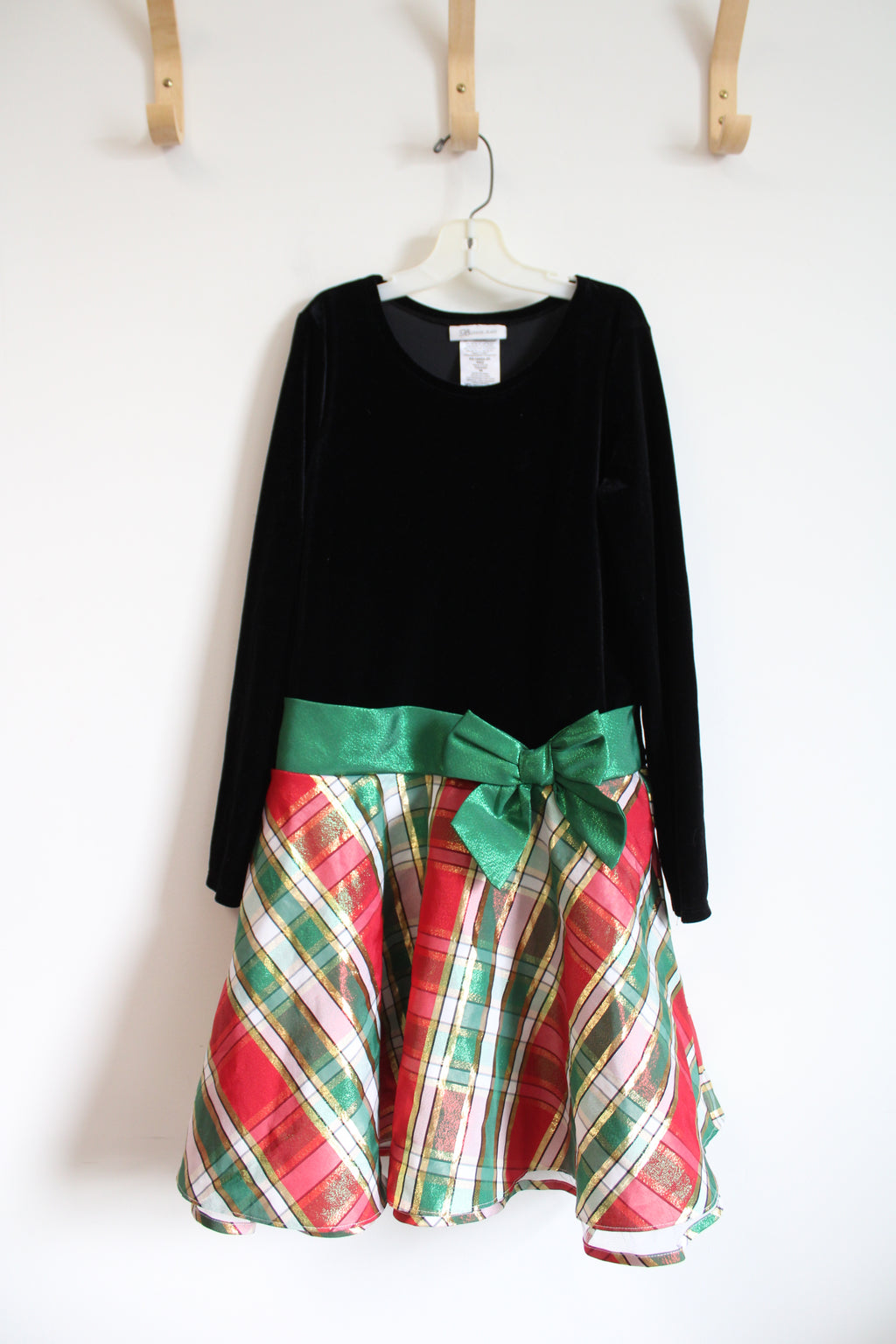 Bonnie Jean Red Green & White Plaid & Black Velvet Holiday Dress | Youth 14
