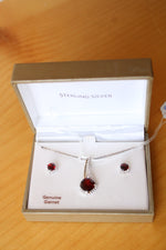 NEW Genuine Garnet in Sterling Silver Necklace and Earring Set