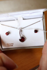 NEW Genuine Garnet in Sterling Silver Necklace and Earring Set