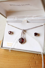 NEW Genuine Garnet in Sterling Silver Necklace and Earring Set