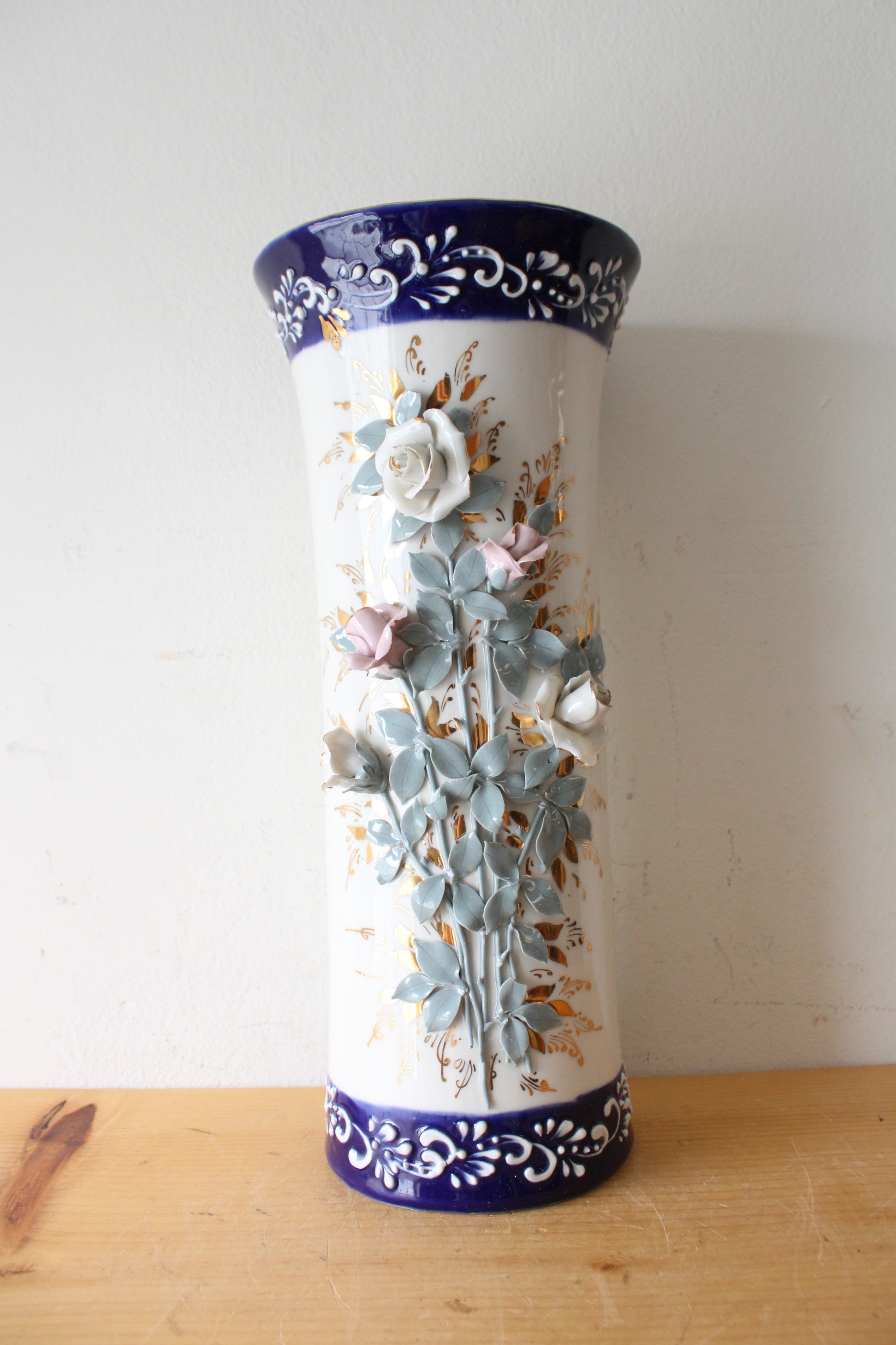 Golden Porcelain 3D Floral Hand Painted Vase | 14.75"