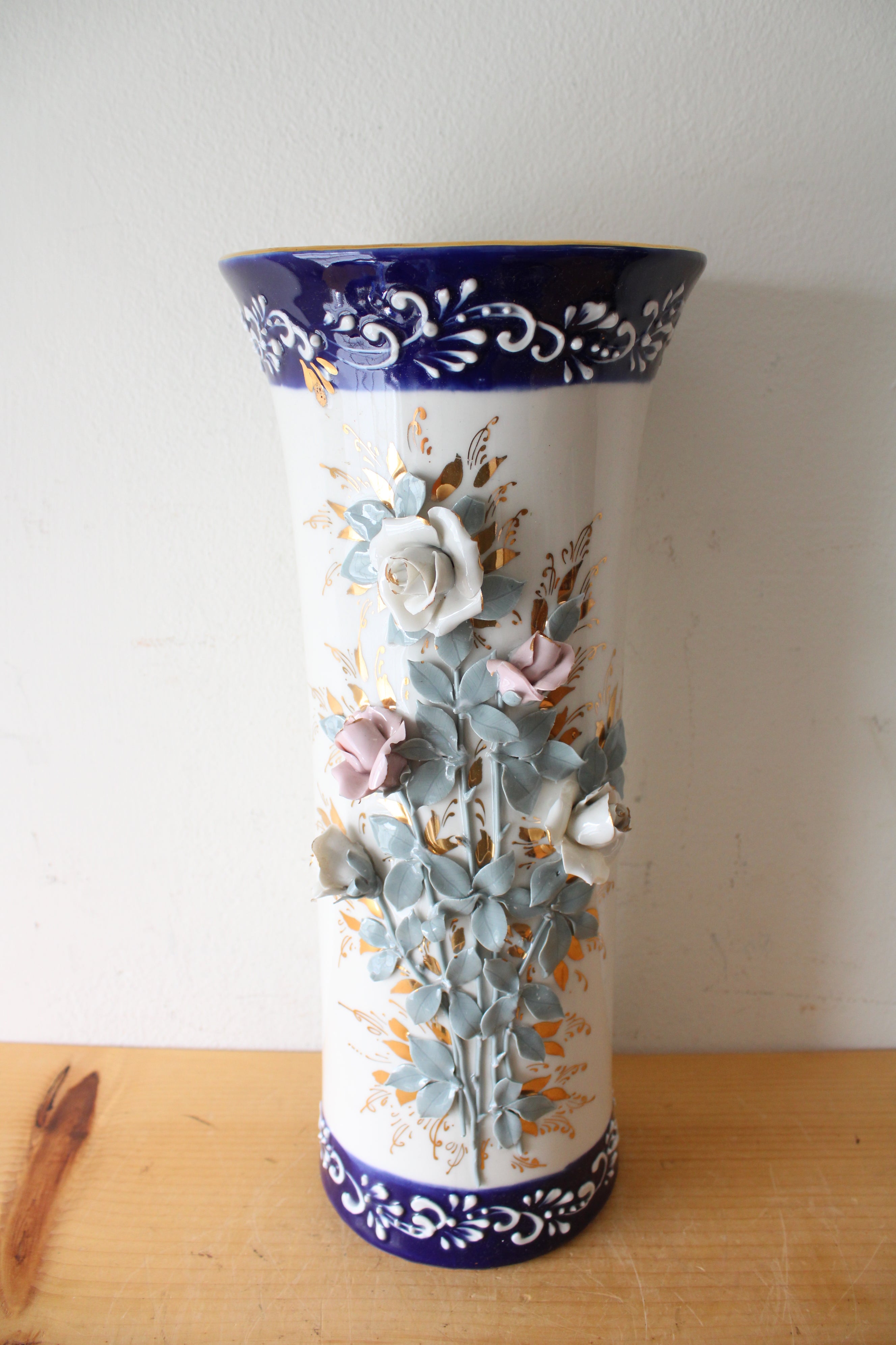 Golden Porcelain 3D Floral Hand Painted Vase | 14.75"