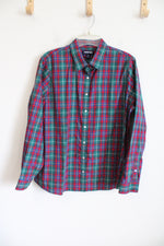 Lands' End Teal Red Blue Plaid Cotton Button Down Shirt | 18
