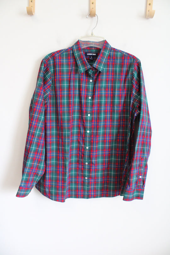 Lands' End Teal Red Blue Plaid Cotton Button Down Shirt | 18