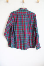 Lands' End Teal Red Blue Plaid Cotton Button Down Shirt | 18