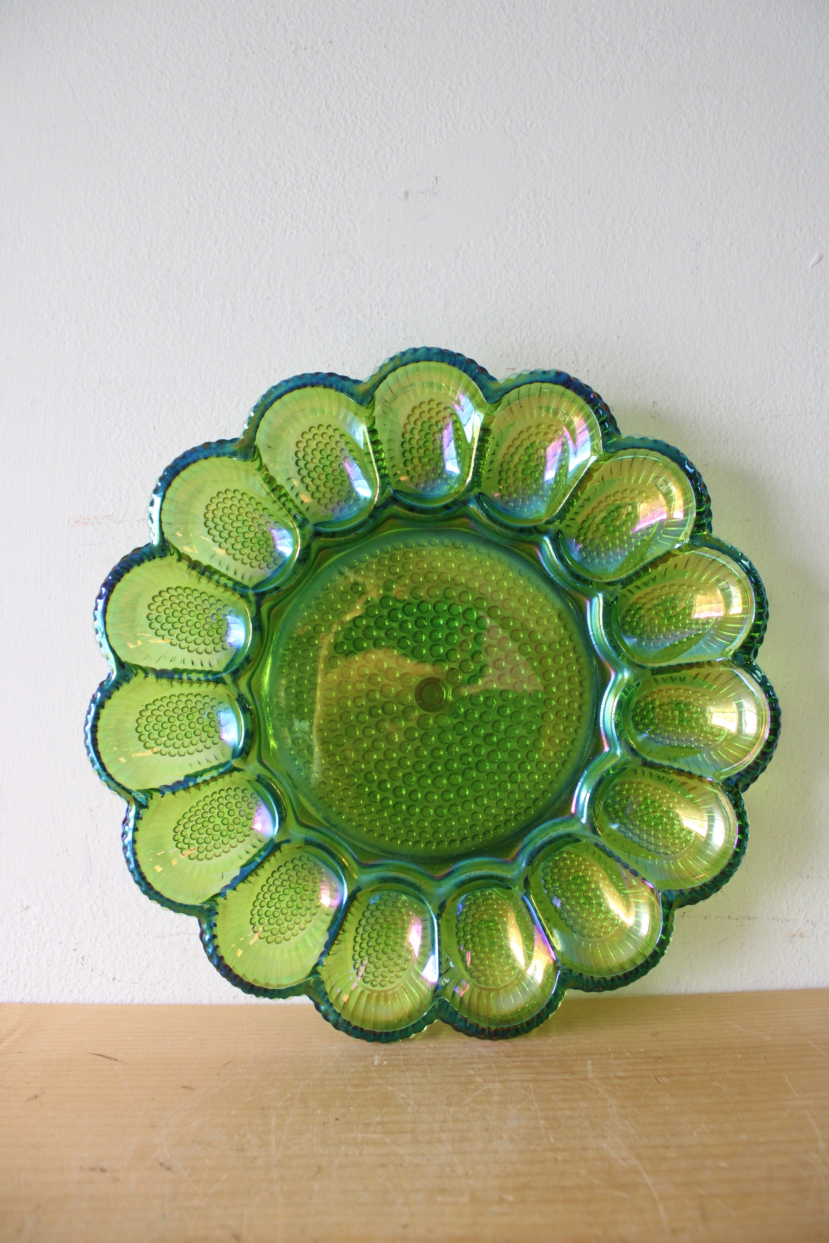 Vintage Green Blue Carnival Glass Deviled Egg Plate