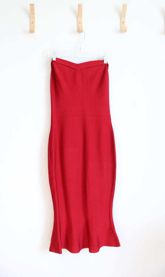 Venus Ribbed Red Bodycon Strapless Midi Dress | 10