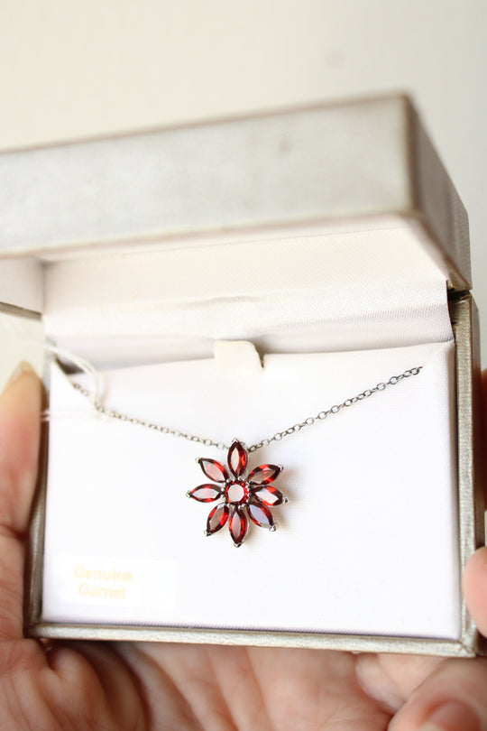 NEW Genuine Garnet on Sterling Silver Flower Necklace