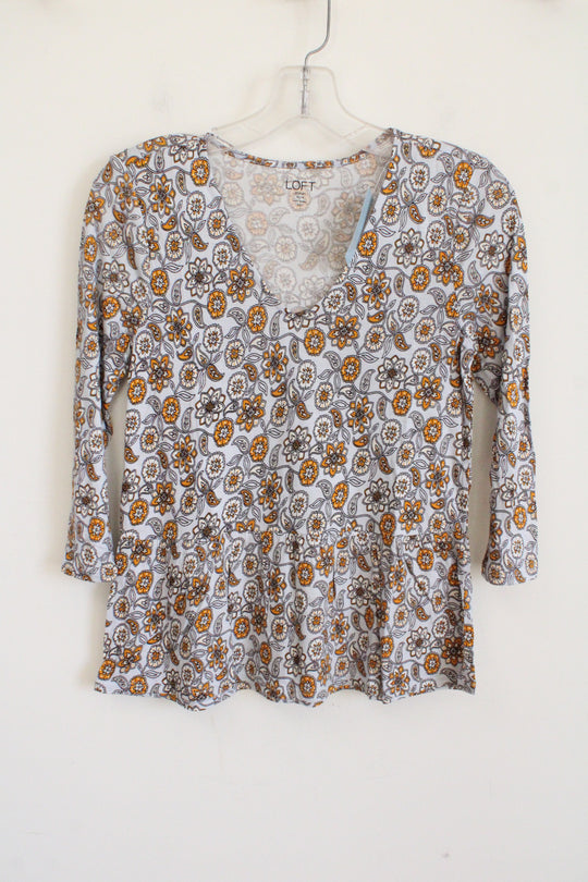 NEW LOFT Light Blue Yellow Floral Peplum Bottom Top | XS Petite