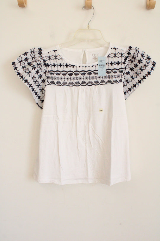 NEW LOFT White Blue Embroidered Sleeve Cotton Top | XXS Petite