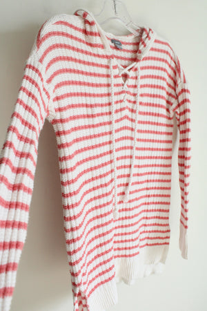 Aerie Coral & White Knit Sweater Hoodie | S