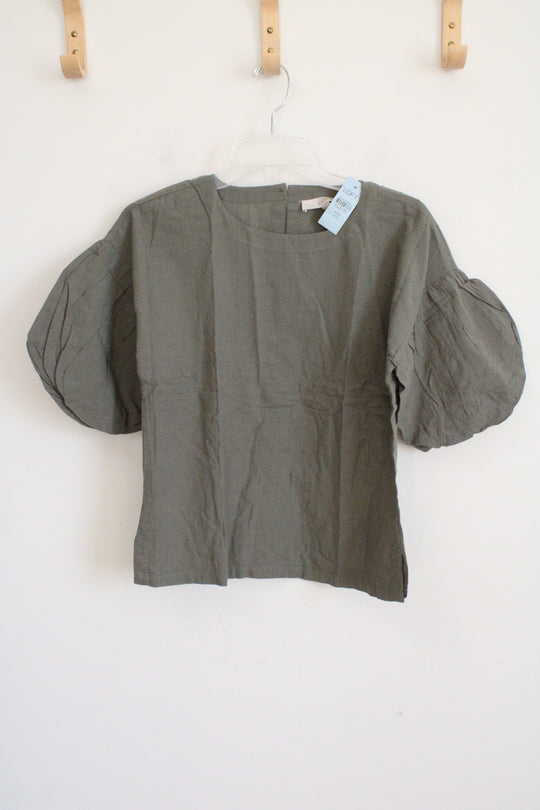 NEW LOFT Army Green Swiss Dot Puff Sleeve Cotton Top | XXS Petite