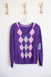 NEW Izod Purple Argyle V-Neck Sweater | M