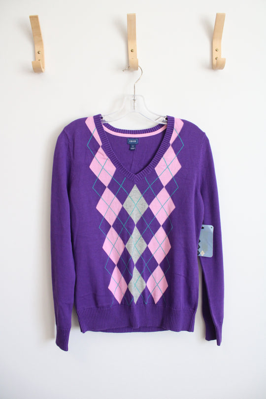 NEW Izod Purple Argyle V-Neck Sweater | M