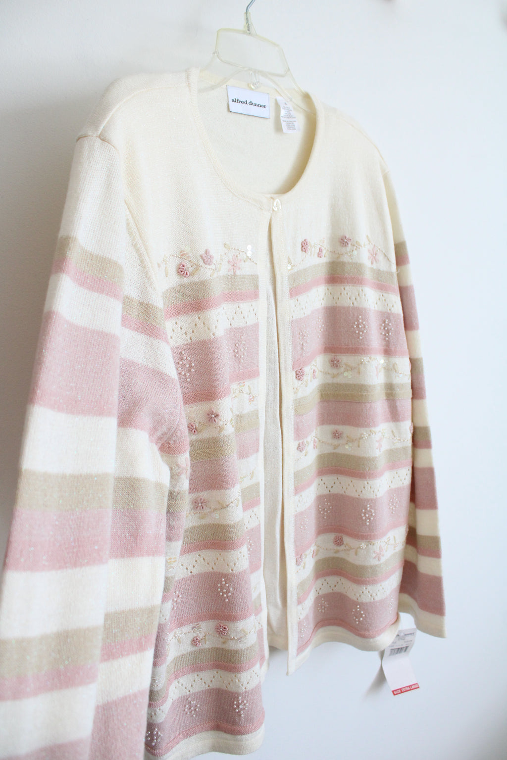 NEW Alfred Dunner Cream Tan & Pink Floral & Beaded Sweater | XL