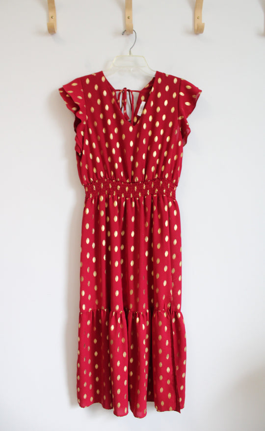 Kirundo Red & Gold Polka Dot Ruffled Sleeve Dress | L