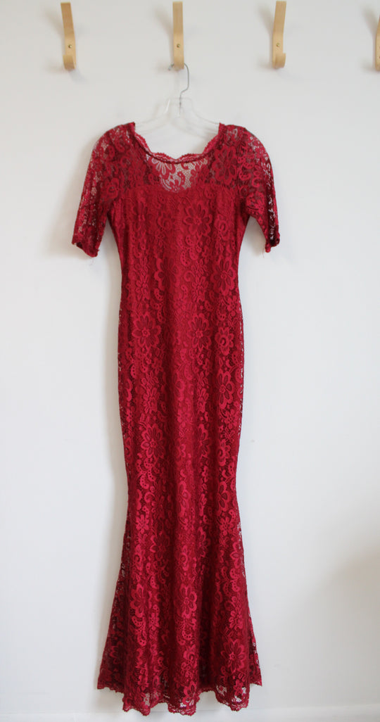 Red Lace Fitted Maxi Dress | XS