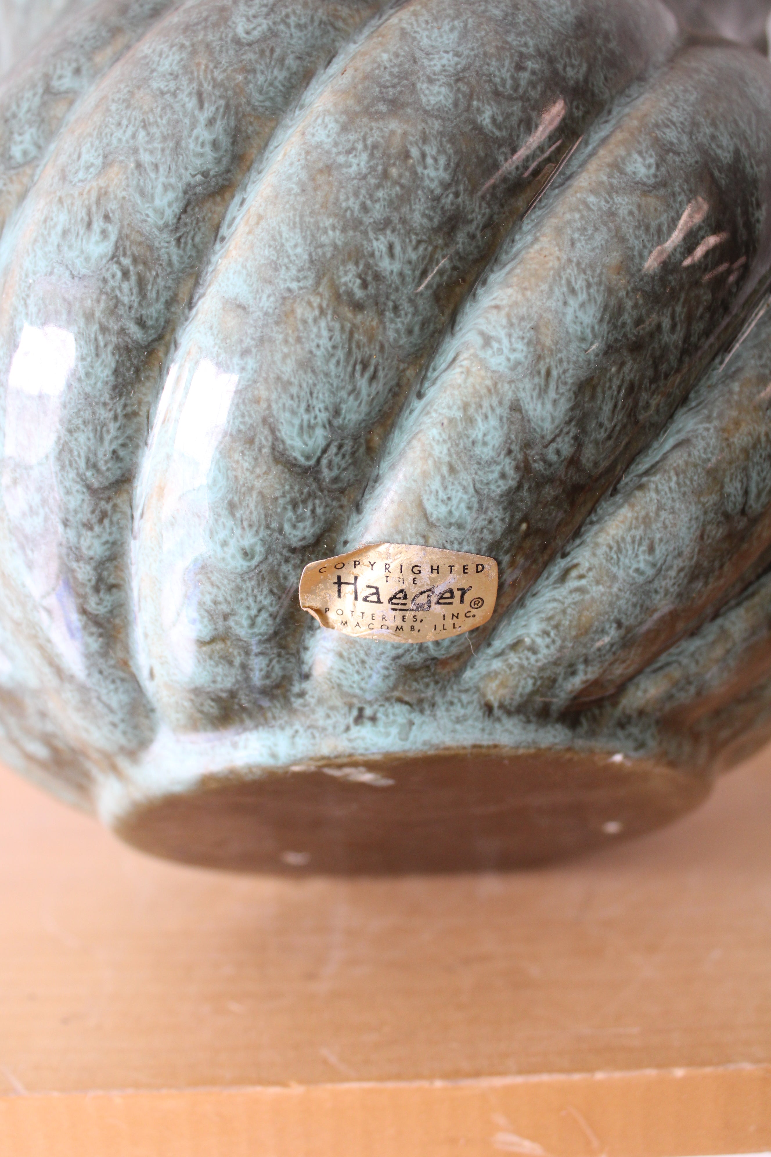 Haeger Green Glazed Ribbed Ceramic Vase | 8" tall