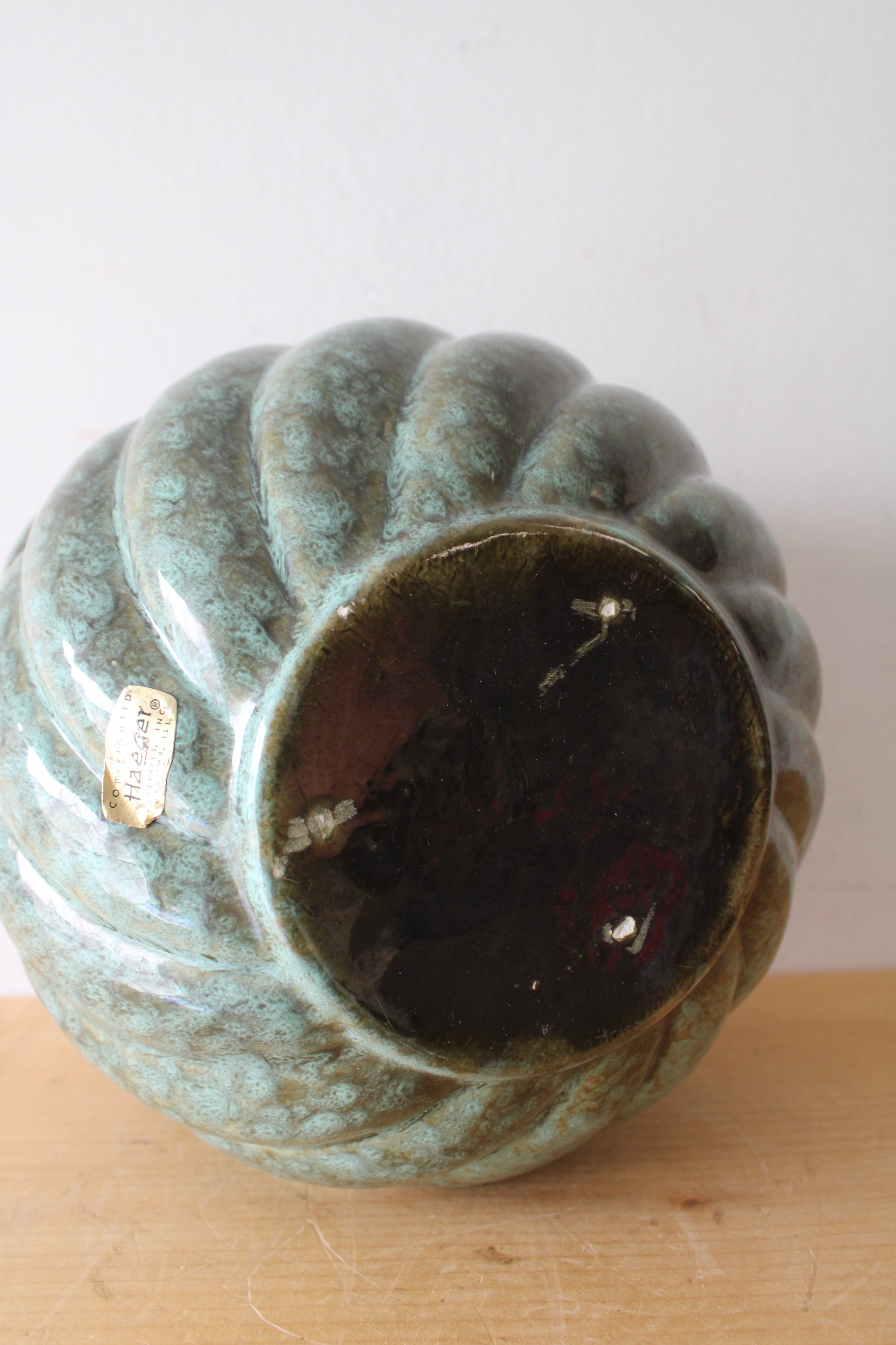 Haeger Green Glazed Ribbed Ceramic Vase | 8" tall