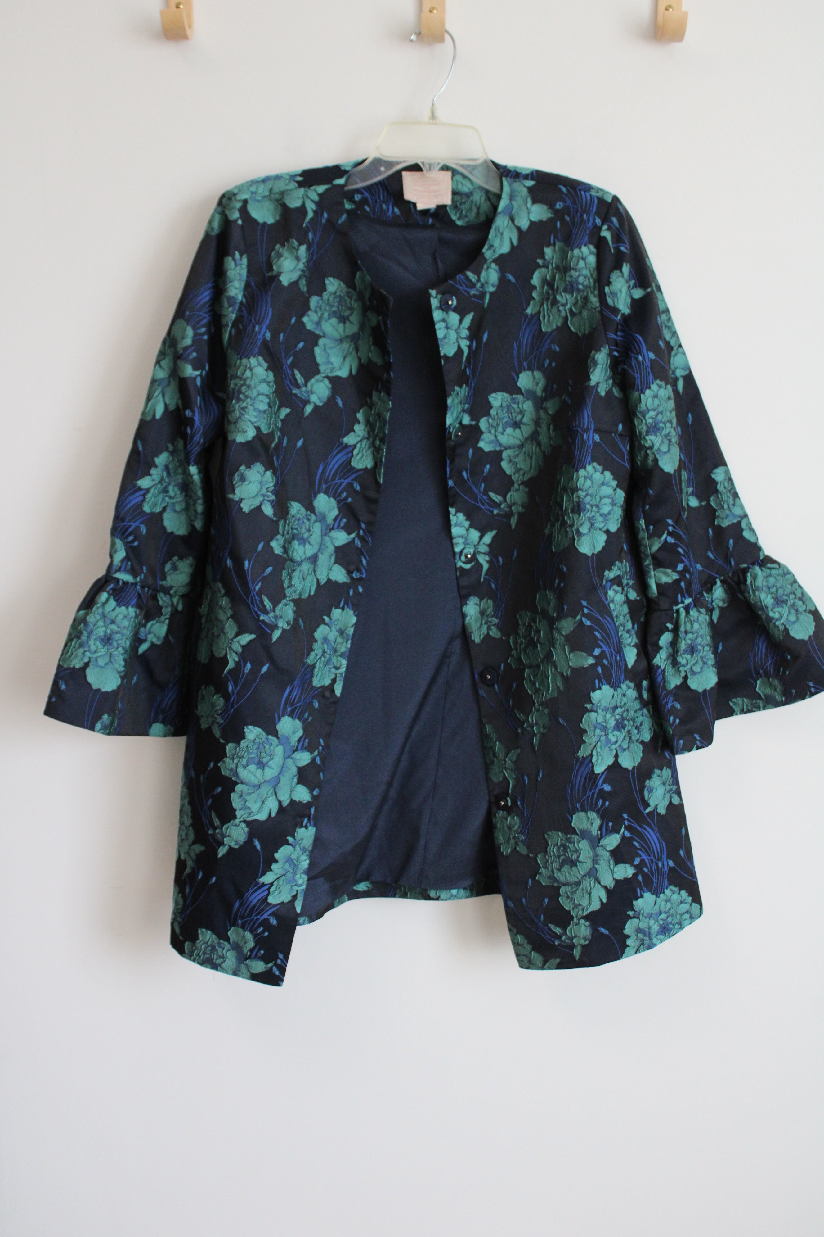 Champagne & Strawberry Navy Blue Turquoise Floral Flare Sleeve Jacket | L