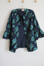 Champagne & Strawberry Navy Blue Turquoise Floral Flare Sleeve Jacket | L