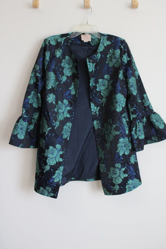 Champagne & Strawberry Navy Blue Turquoise Floral Flare Sleeve Jacket | L