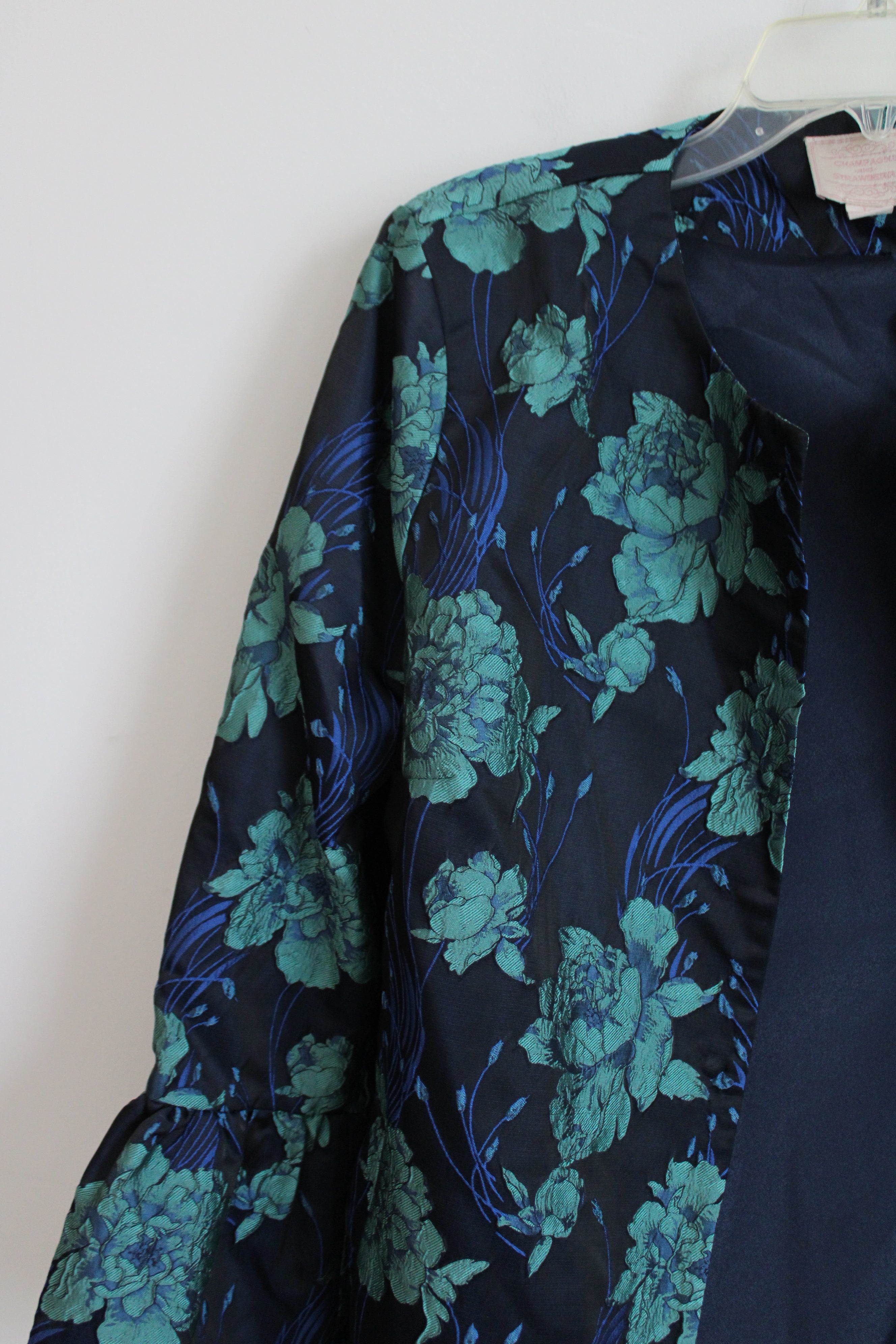 Champagne & Strawberry Navy Blue Turquoise Floral Flare Sleeve Jacket | L