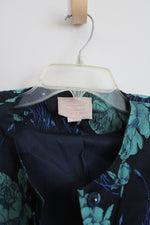 Champagne & Strawberry Navy Blue Turquoise Floral Flare Sleeve Jacket | L