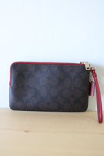 Coach Brown Monogram Red Trim Corner Zip Wristlet Wallet