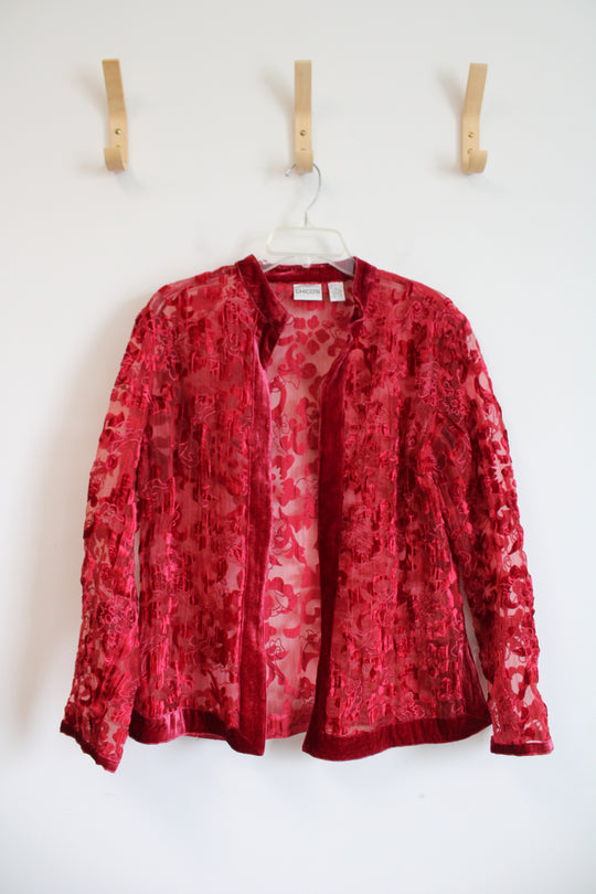 Chico's Red Velvet Floral Sheer Cardigan | 2 (L)