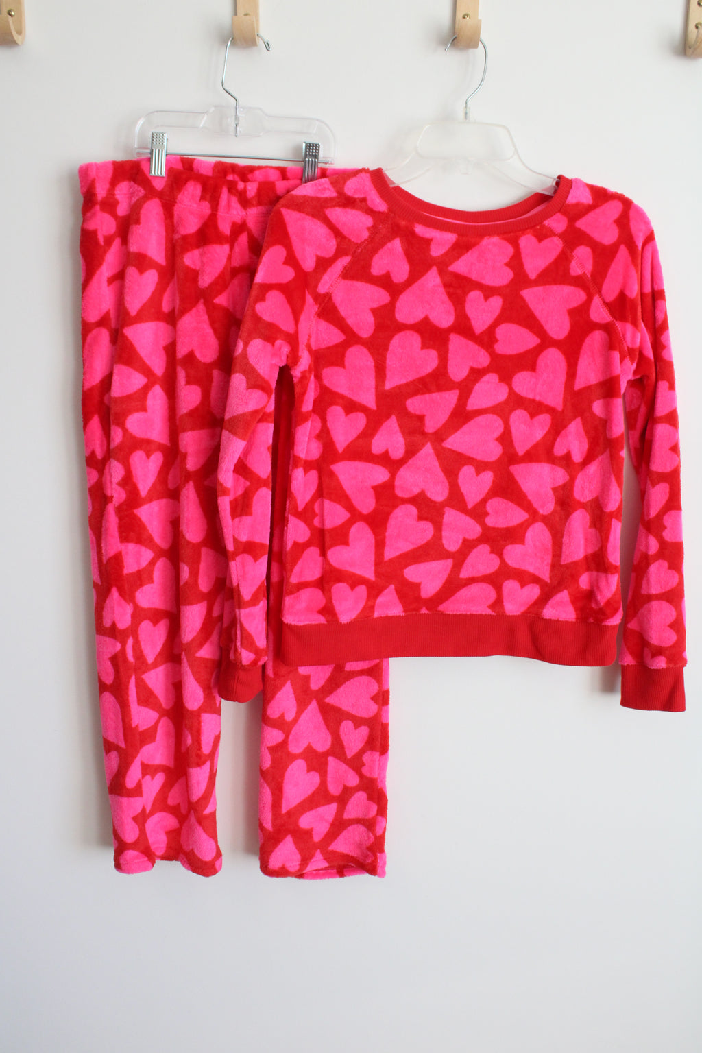 Cat & Jack Pink Red Heart Fleece Pajama Set | Youth XL (14)