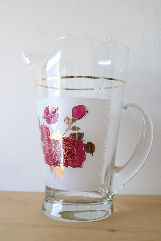Vintage Rose Etched Gold Glass Pitcher