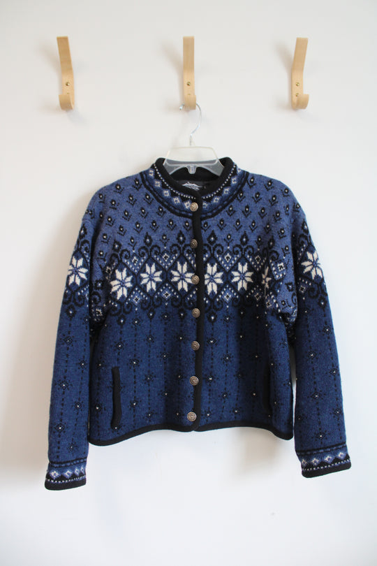 Vintage Icelandic Design Blue Black & White Snowflake Wool Button Down Sweater | L