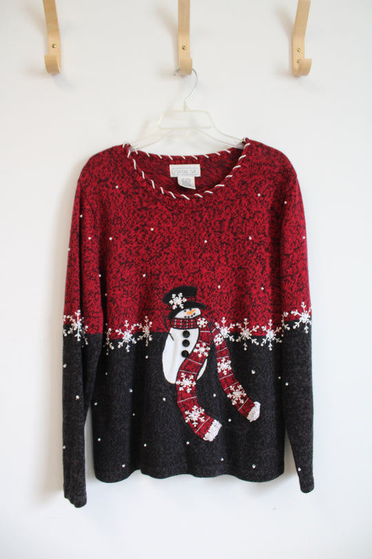 Mandal Bay Red & Charcoal Gray Beaded Snowman Sweater | L