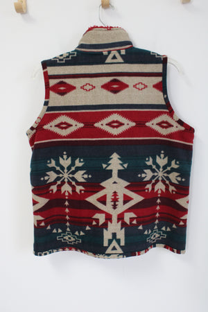 Jane Ashley Fleece Sherpa Lined Red Green Aztec Print Vest | XL
