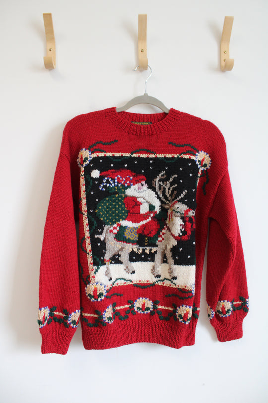 Vintage South Wool Handknitted Santa On Reindeer Red Wool Sweater | M