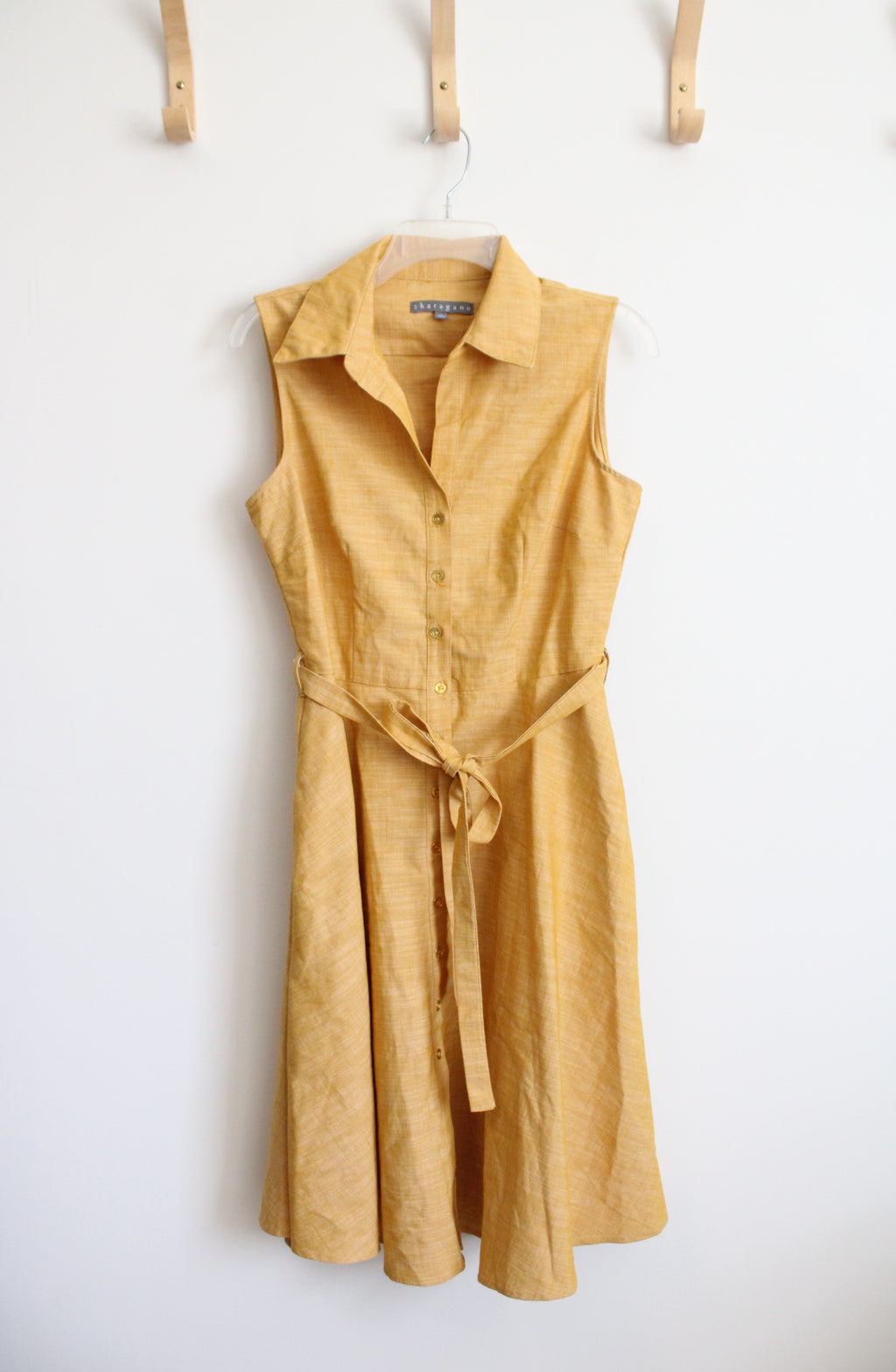 Sharagano Yellow Gold Button Down Belted Sleeveless Dress | 8
