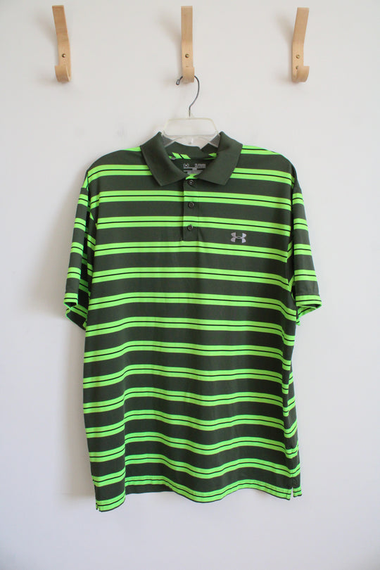 Under Armour Loose Fit Olive Green & Neon Green Striped Polo Shirt | XL
