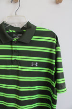 Under Armour Loose Fit Olive Green & Neon Green Striped Polo Shirt | XL