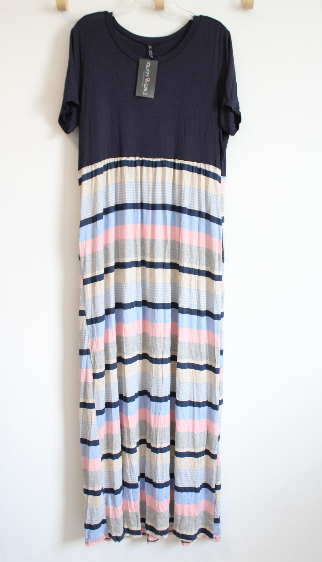 NEW Glitzy Girls Blue Pink Striped Maxi Dress | XL