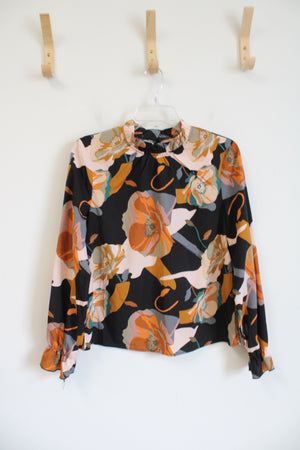 Shein Black Orange & Pink Floral Ruffle Neck Long Sleeved Top | S