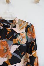 Shein Black Orange & Pink Floral Ruffle Neck Long Sleeved Top | S