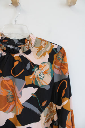 Shein Black Orange & Pink Floral Ruffle Neck Long Sleeved Top | S