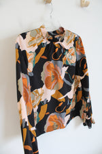 Shein Black Orange & Pink Floral Ruffle Neck Long Sleeved Top | S