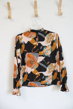 Shein Black Orange & Pink Floral Ruffle Neck Long Sleeved Top | S