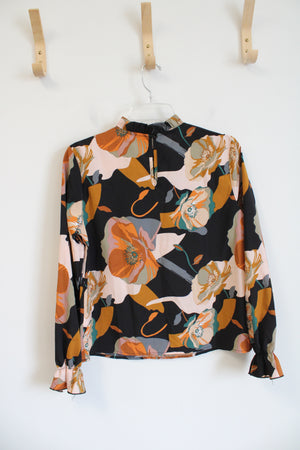 Shein Black Orange & Pink Floral Ruffle Neck Long Sleeved Top | S