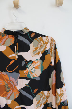 Shein Black Orange & Pink Floral Ruffle Neck Long Sleeved Top | S